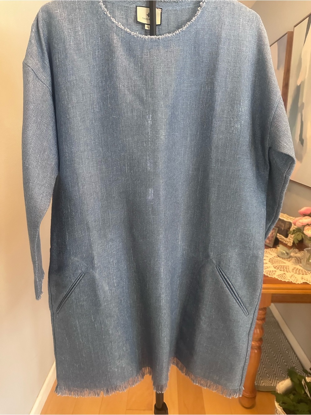 Tuckernuck Blue Linen Blend Raw Hem Tunic Dress. Womens size XL - Picture 10 of 12